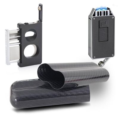 Porsche Design Karbon Fiber Puro Kılıfı 2li Double Kesici ve Jet Puro Çakmak Seti Grey P3626-3648 - 2