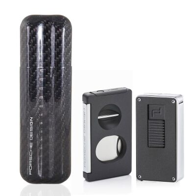 Porsche Design Karbon Fiber Puro Kılıfı 2li Double Kesici ve Jet Puro Çakmak Seti Grey P3626-3648 - 1