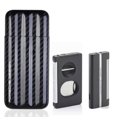 Porsche Design Karbon Fiber Puro Kılıfı 3lü Double Kesici ve P3644 Jet Puro Çakmak Seti Grey - 1