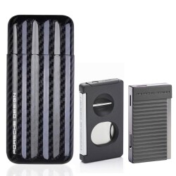 Porsche Design Karbon Fiber Puro Kılıfı 3lü Double Kesici ve P3647 Jet Puro Çakmak Seti Grey - PORSCHE DESİGN
