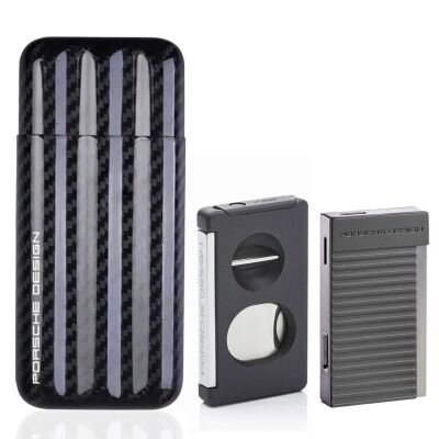 Porsche Design Karbon Fiber Puro Kılıfı 3lü Double Kesici ve P3647 Jet Puro Çakmak Seti Grey - 1