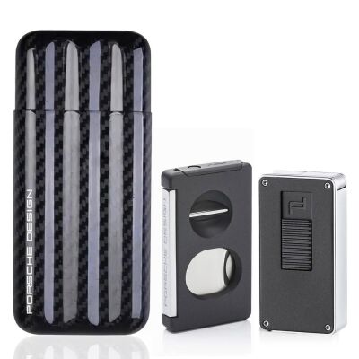 Porsche Design Karbon Fiber Puro Kılıfı 3lü Double Kesici ve P3648 Jet Puro Çakmak Seti Grey - 1