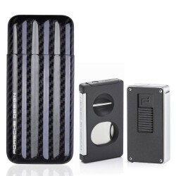 Porsche Design Karbon Fiber Puro Kılıfı 3lü Double Kesici ve P3648 Jet Puro Çakmak Seti Grey - PORSCHE DESİGN