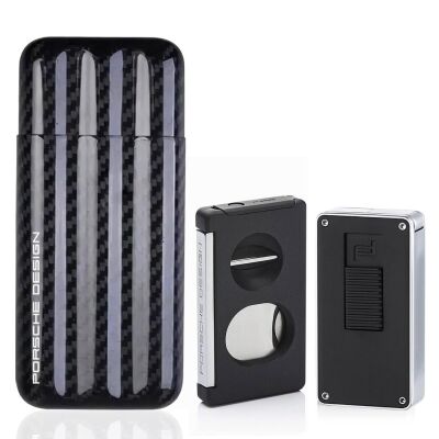 Porsche Design Karbon Fiber Puro Kılıfı 3lü Double Kesici ve P3648 Jet Puro Çakmak Seti Siyah - 1