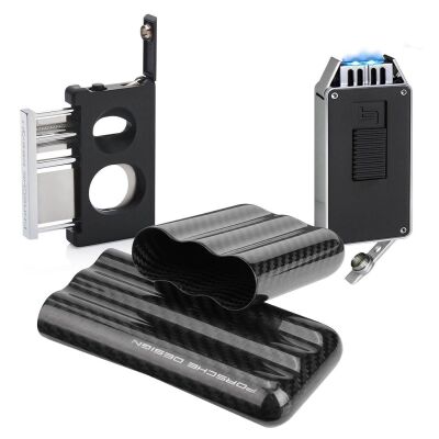 Porsche Design Karbon Fiber Puro Kılıfı 3lü Double Kesici ve P3648 Jet Puro Çakmak Seti Siyah - 2