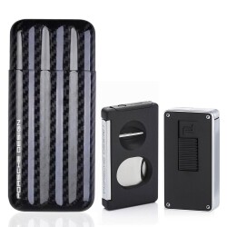 Porsche Design Karbon Fiber Puro Kılıfı 3lü Double Kesici ve P3648 Jet Puro Çakmak Seti Siyah - PORSCHE DESİGN