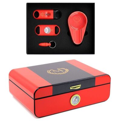 Racing Edition Karbon Dizayn Humidor Puro Kutusu Kırmızı 40's 4'lü Puro Aksesuar Seti - 1