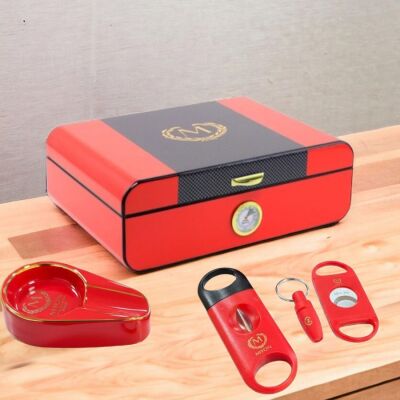 Racing Edition Karbon Dizayn Humidor Puro Kutusu Kırmızı 40's 4'lü Puro Aksesuar Seti - 2