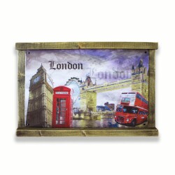 Rustik Ahşap Çerçeveli Vintage Metal Pano London 20x30 - T-BEK